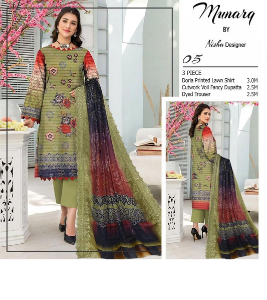 3 pcs women's unstitched lawn embroidered suit