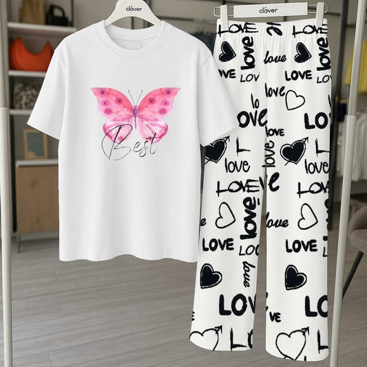 Comfortable 2 pcs women's stitched printed jersey night suit
