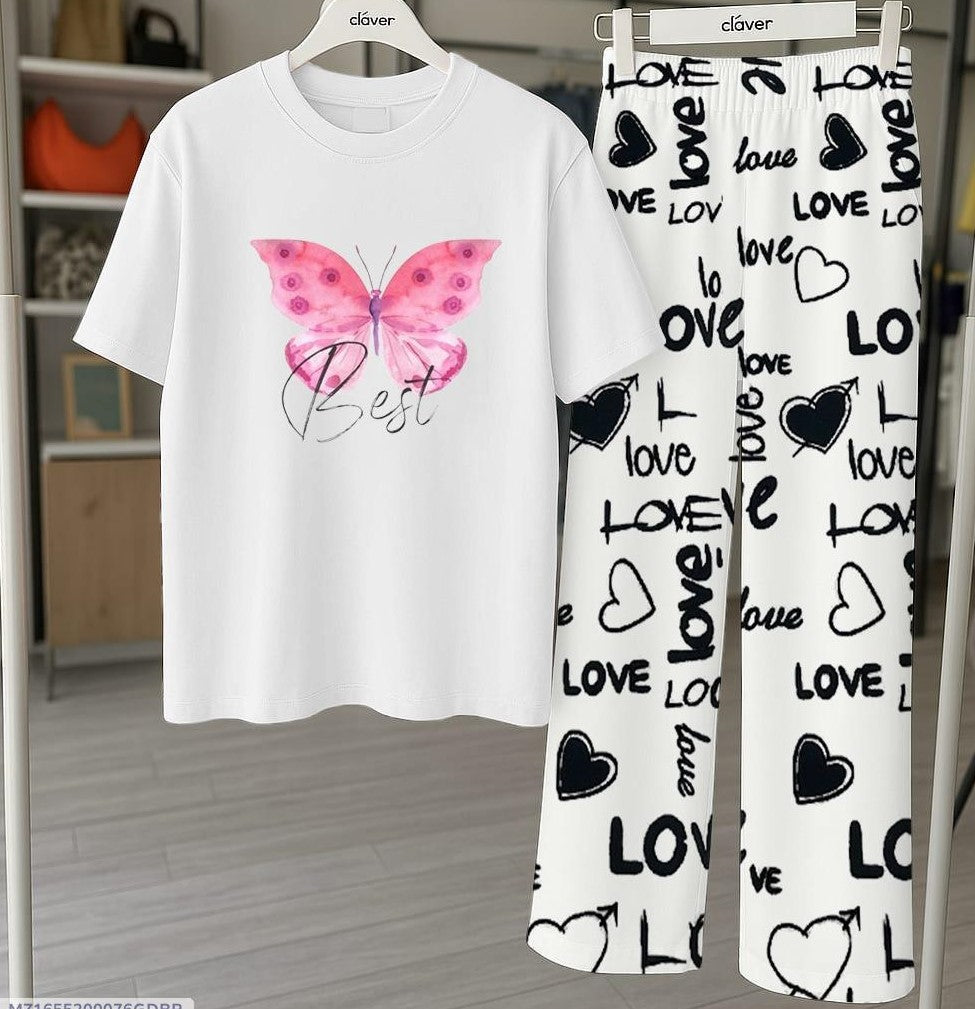 Comfortable 2 pcs women's stitched printed jersey night suit