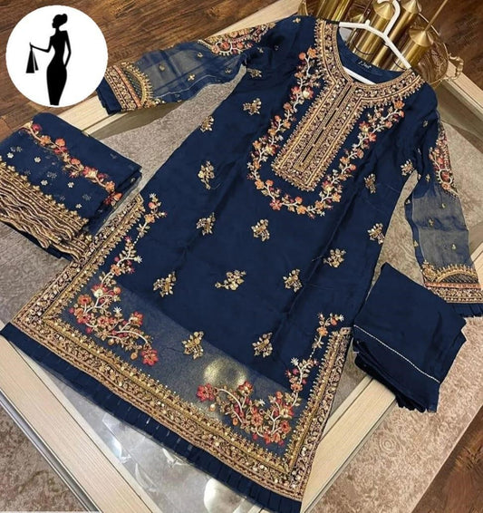 3pcs women's stitched embroidered suit